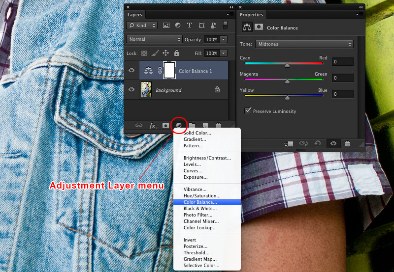 Adjustment layers menu in Photoshop allow for non-destructive image editing