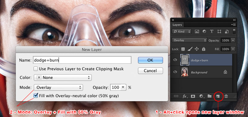 Dodge and Burn on a new empty layer in Overlay mode filled with 50% gray. © Nick Kilford