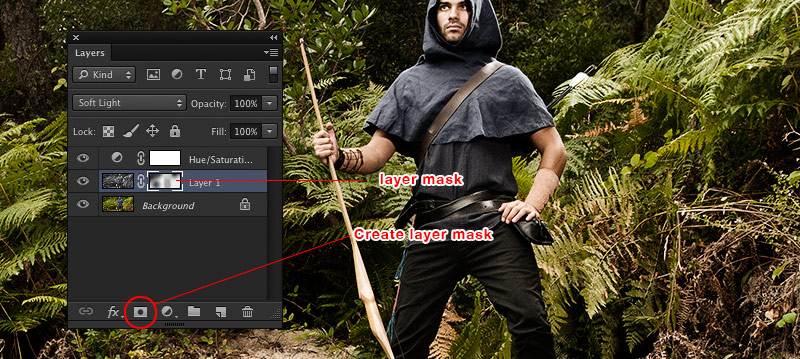 Add layer masks from the Layers Palette to hide or reveal the contents of the corresponding layer.